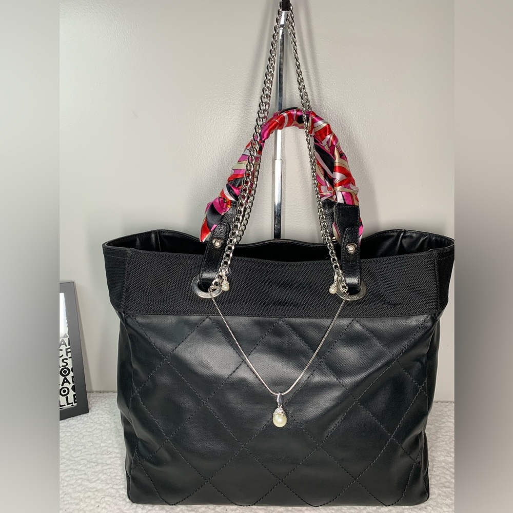 SOLD!!!CHANEL Black Quilted Coated Canvas Paris Biarritz Tote Bag